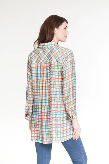 Teal/Orange Plaid Button Front Tunic