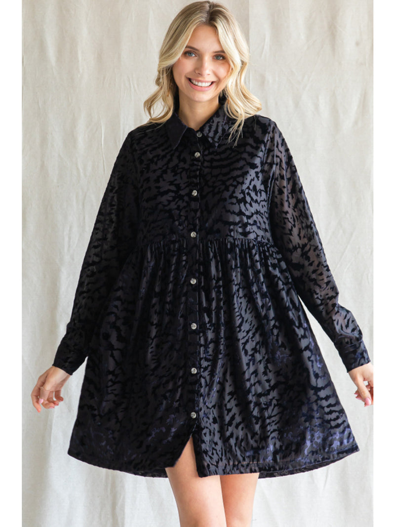 Black Velvet Leopard Print Button Dress