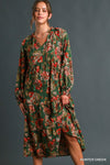 Hunter Green Floral Print Tiered Maxi Dress
