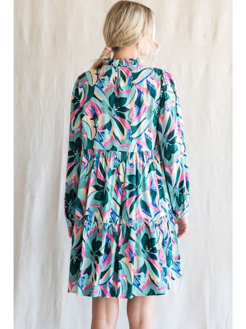 Sage Print Frill Neck Dress