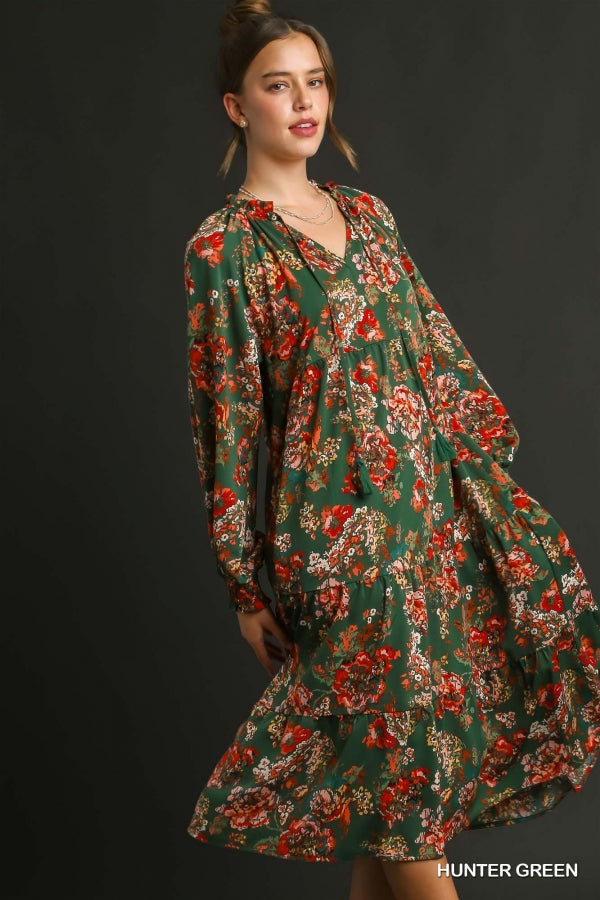 Hunter Green Floral Print Tiered Maxi Dress