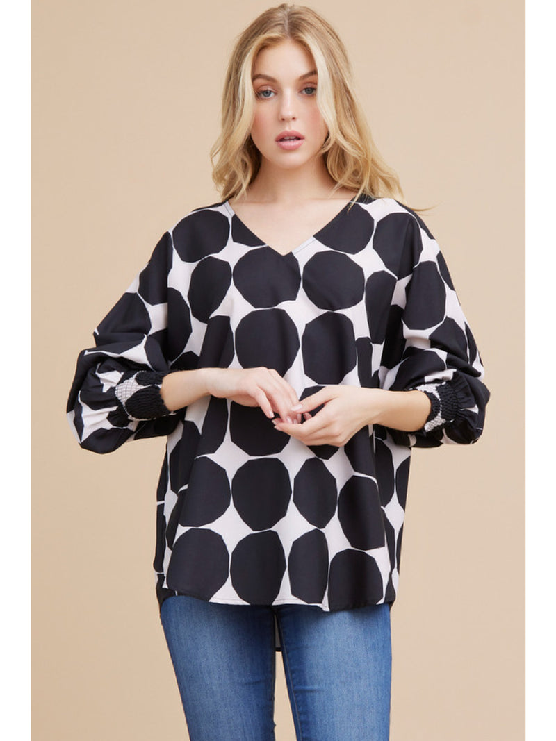Black/White Dot Print Long Sleeve Top