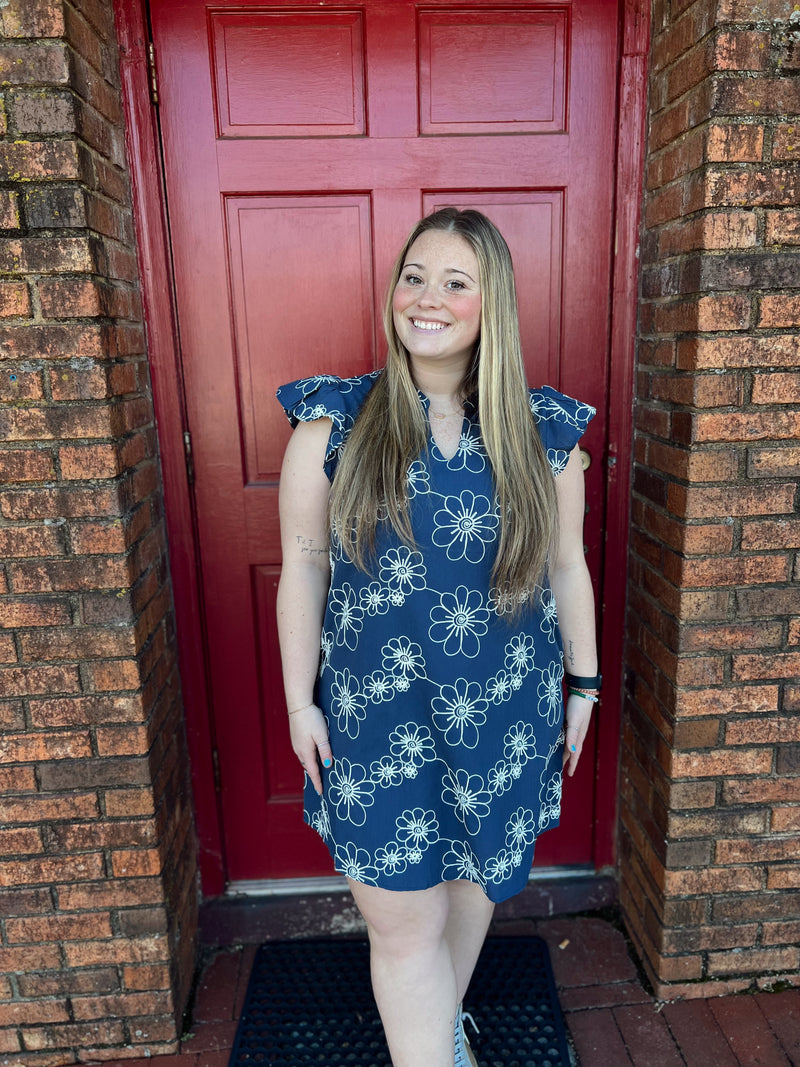 Navy/Natural Embroidered Floral Dress