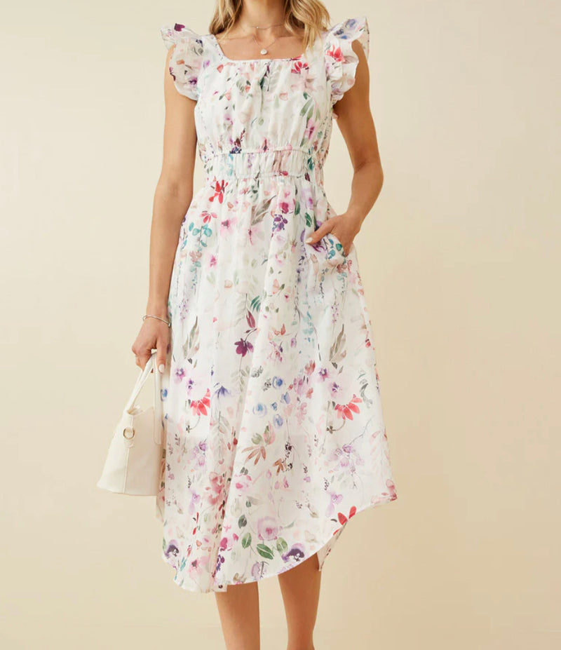 Faint Floral Ruffled Shoulder Midi Dress