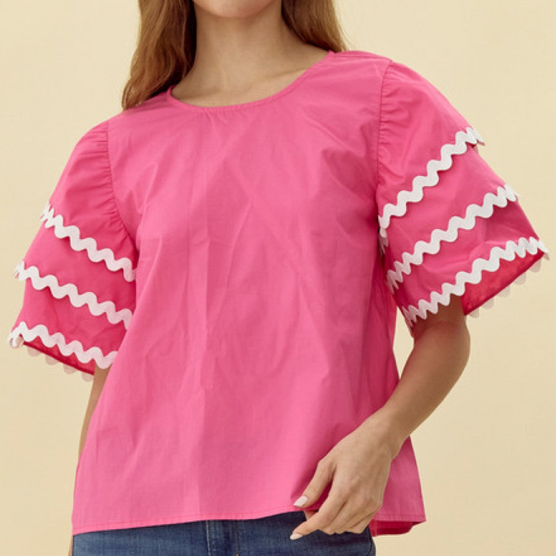 Pink Top With Ric Rac Detail Puff Sleeve