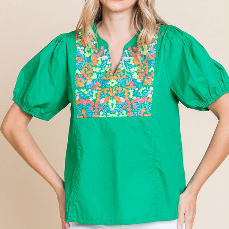 Kelly Green Puff Sleeve Floral Embroidered Top