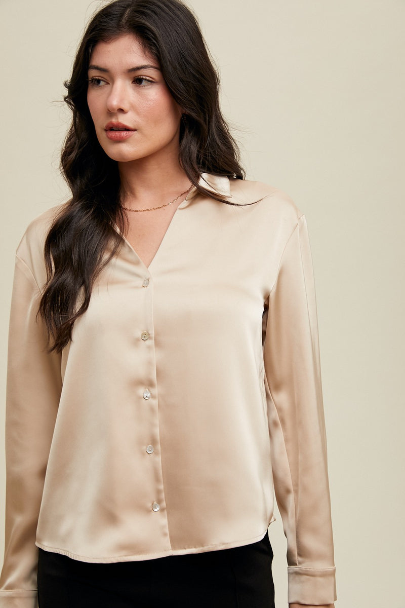 Almond Satin Button Up Shirt