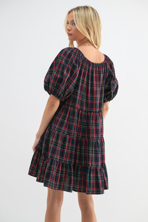 Black/Red Plaid Puff Sleeve Mini Dress