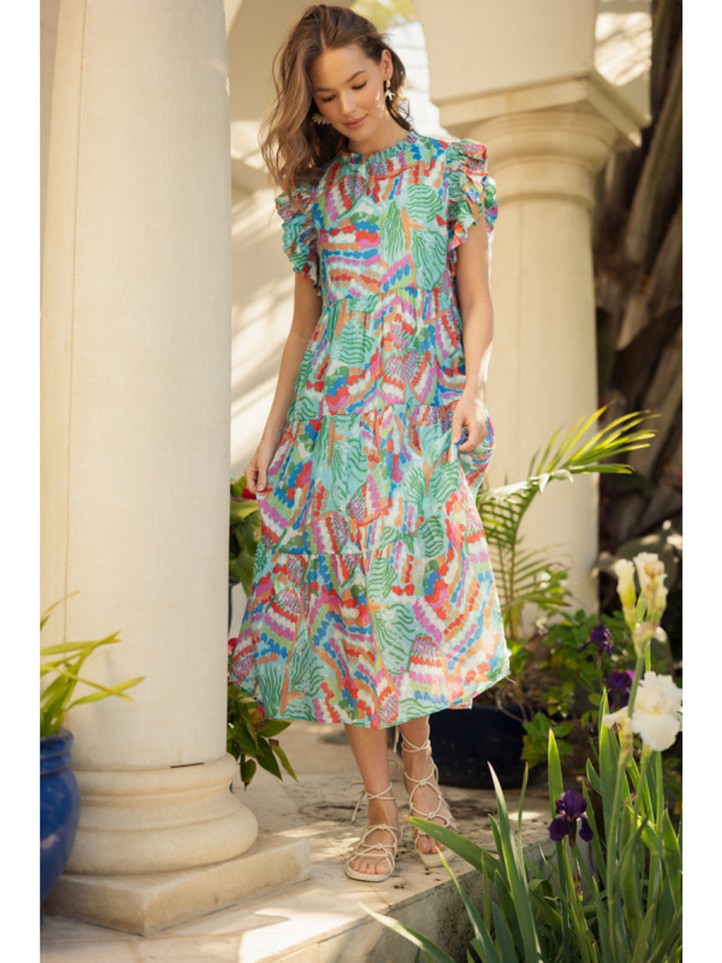 Aqua Print Midi Dress
