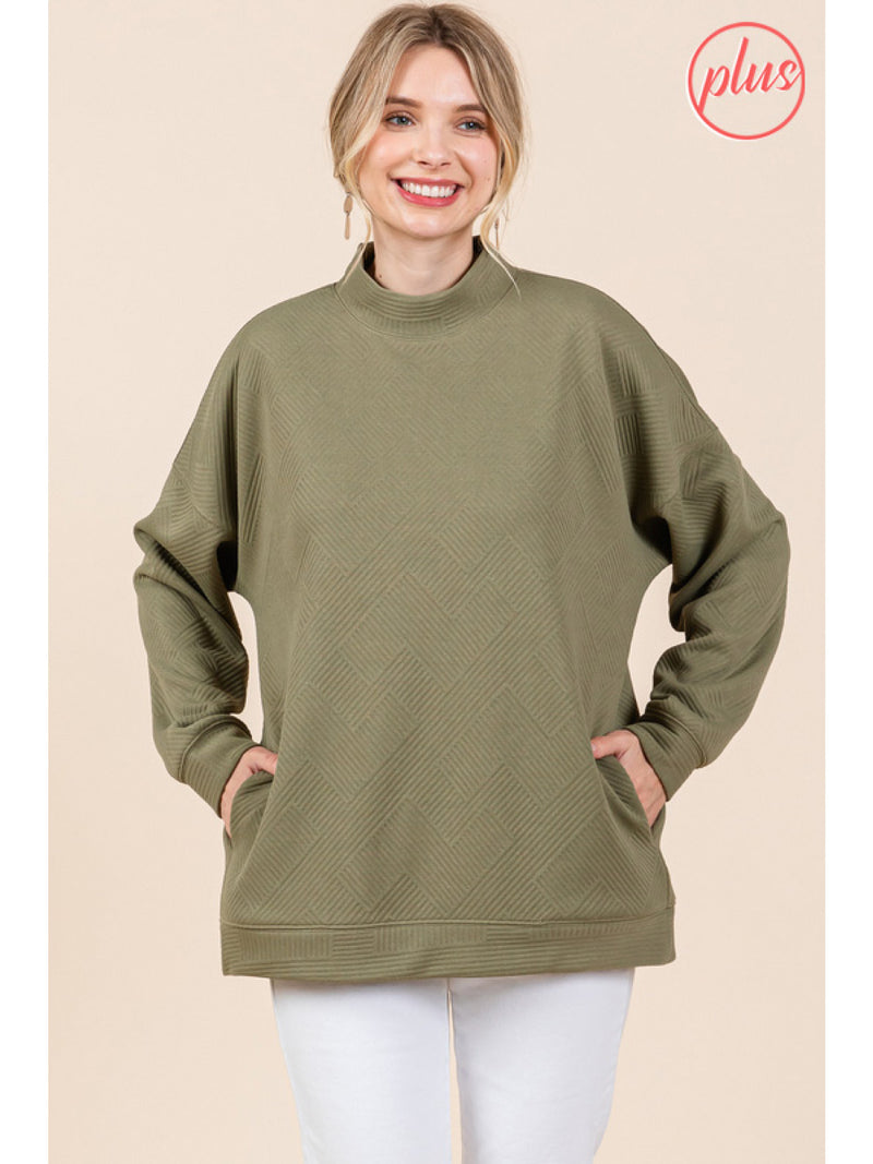 Olive Textured Mock Long Sleeve Top