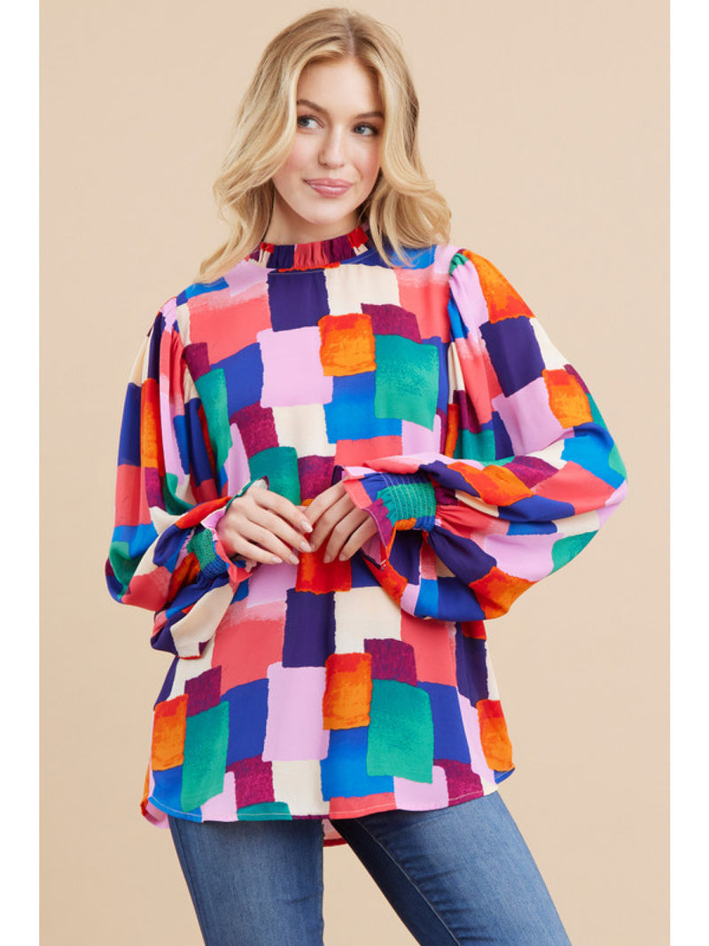 Multicolor Print Frill Neck Top