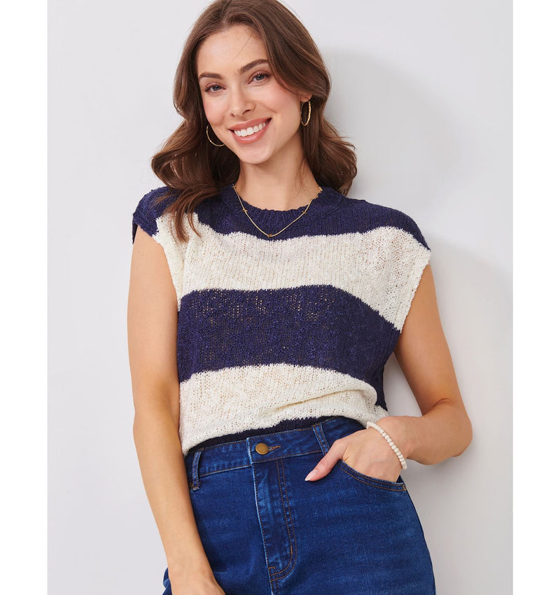 Wide Stripe Cap Sleeve Knit Sweater