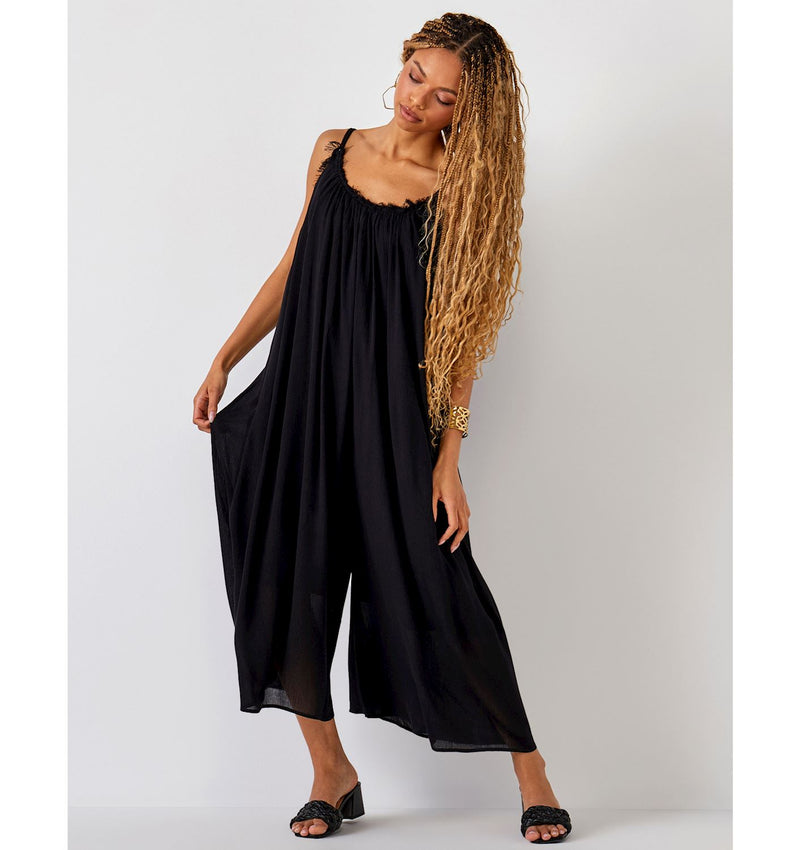 Black Flowy Crinkle Rayon Romper