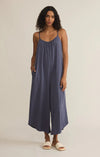 Worn Blue Textured Flared Jumpsuit