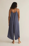 Worn Blue Textured Flared Jumpsuit