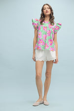 Green/Pink Watercolor Floral Blouse