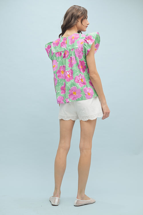 Green/Pink Watercolor Floral Blouse