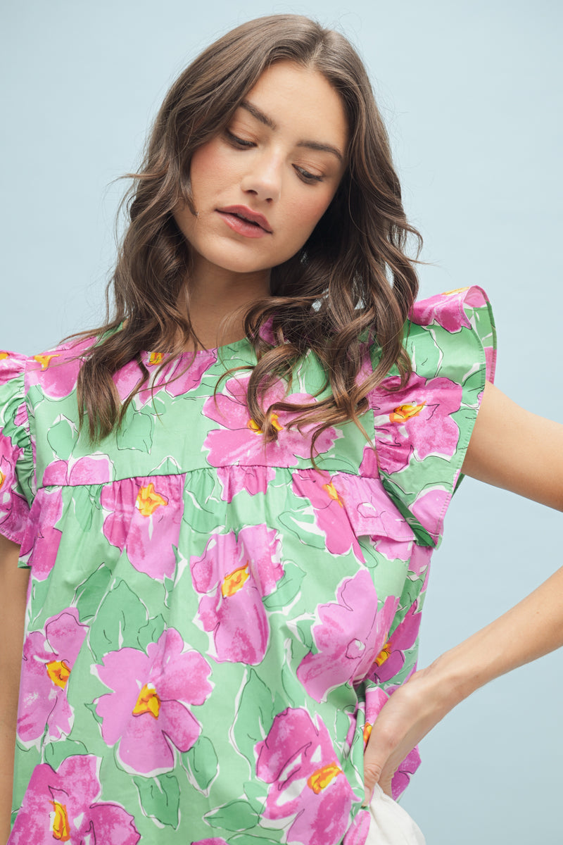 Green/Pink Watercolor Floral Blouse