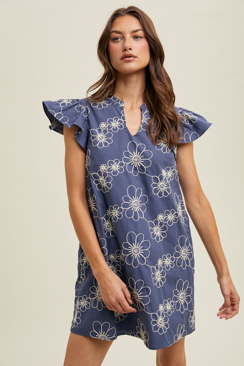 Navy/Natural Embroidered Floral Dress