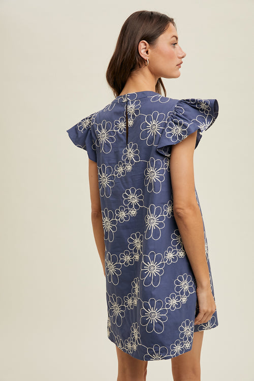 Navy/Natural Embroidered Floral Dress