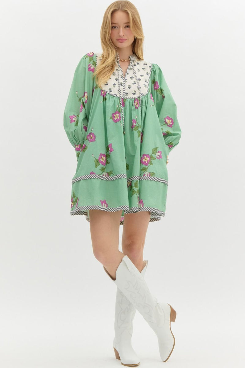 Pistachio Mixed Print Bishop Sleeve Mini Dress