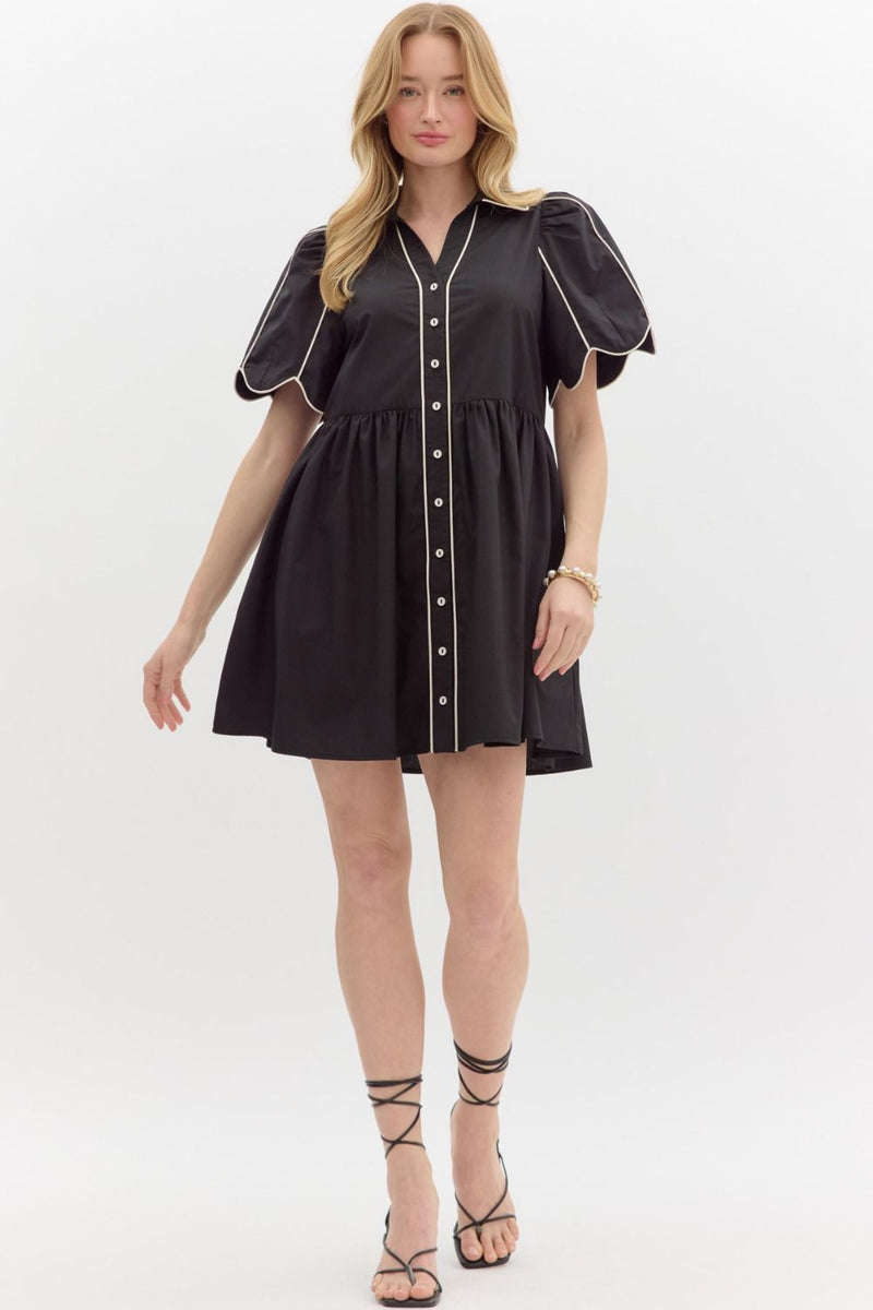 Black/White V-Neck Button Dress