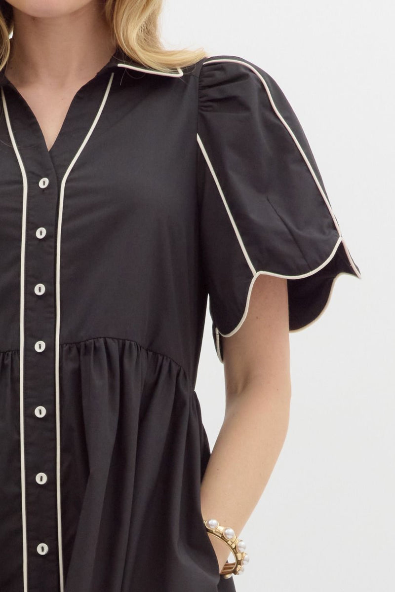 Black/White V-Neck Button Dress