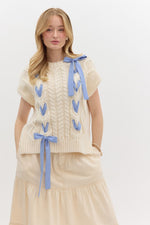 Ivory Sweater Muscle Top with Blue Ribbon