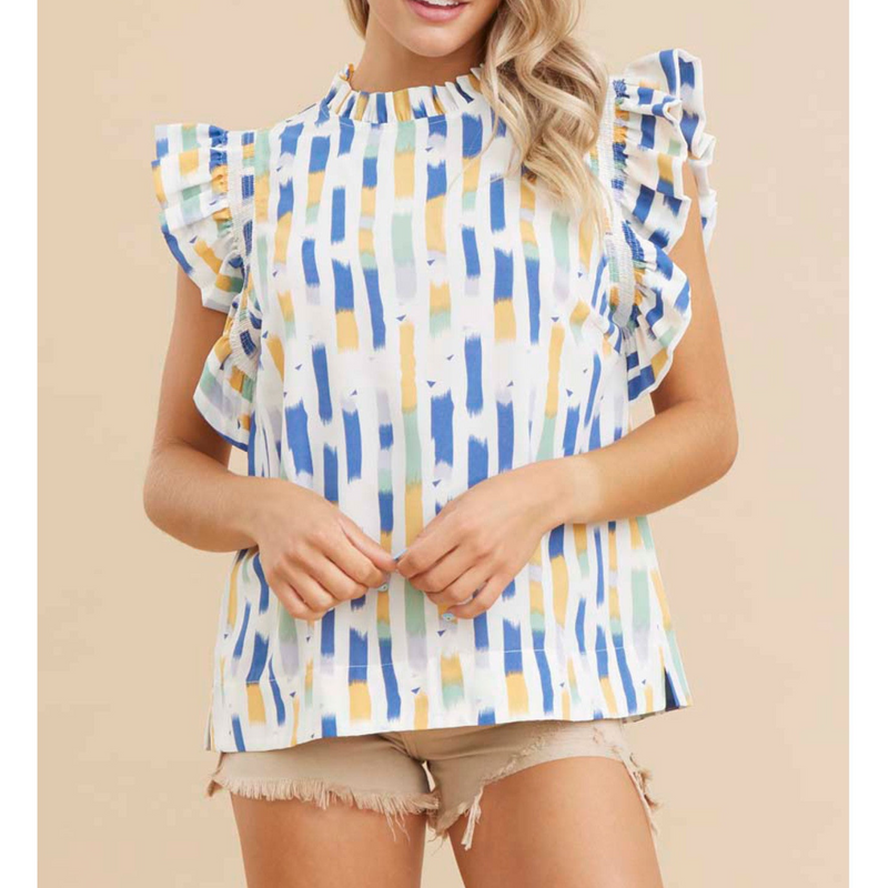 Water Color Print Ruffle Sleeve Top