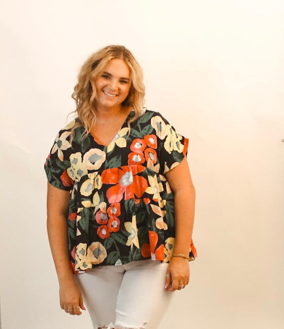 Navy Floral Print Tiered Top