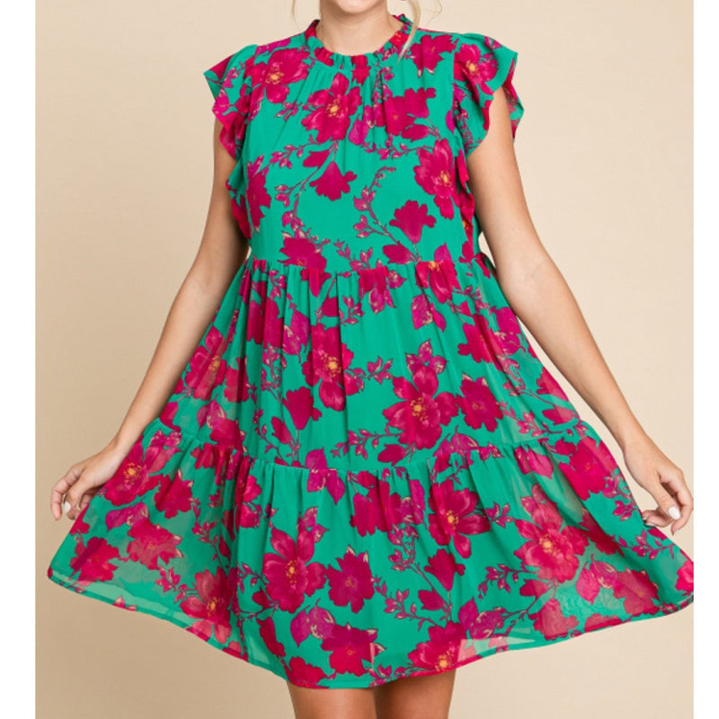 Green and Pink Floral Tiered Ruffle Sleeve Dress