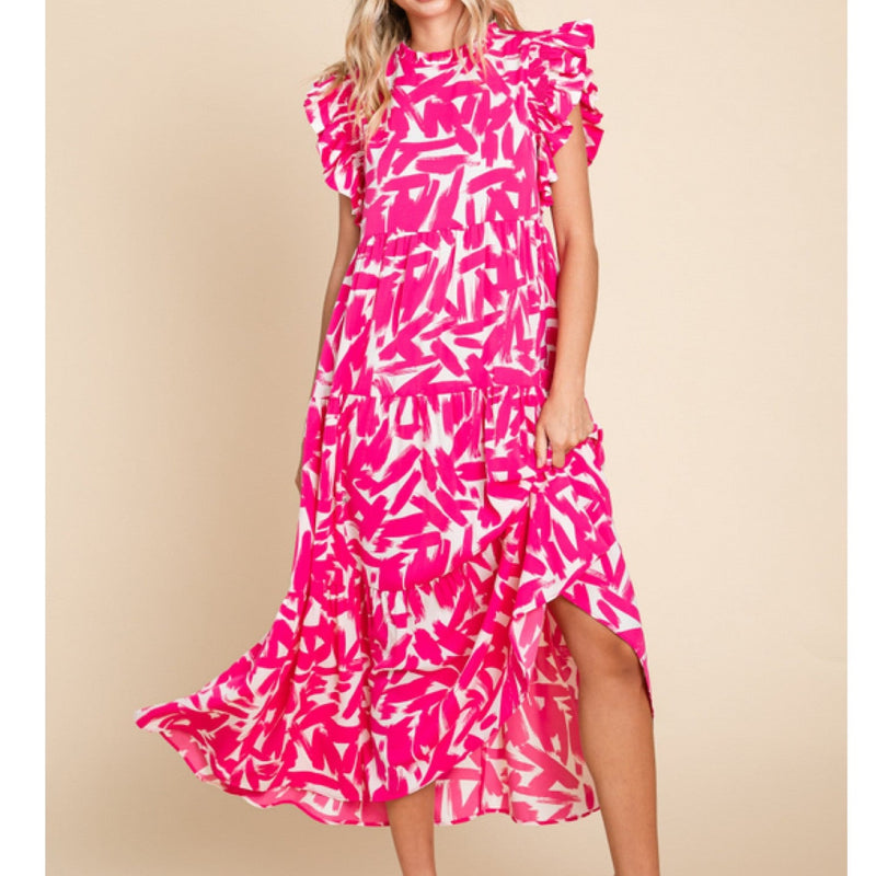 Pink Patterened Ruffle Sleeve Midi Dress