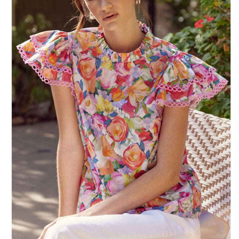 Floral Print Ruffle Sleeve with Eyelet Detail Top