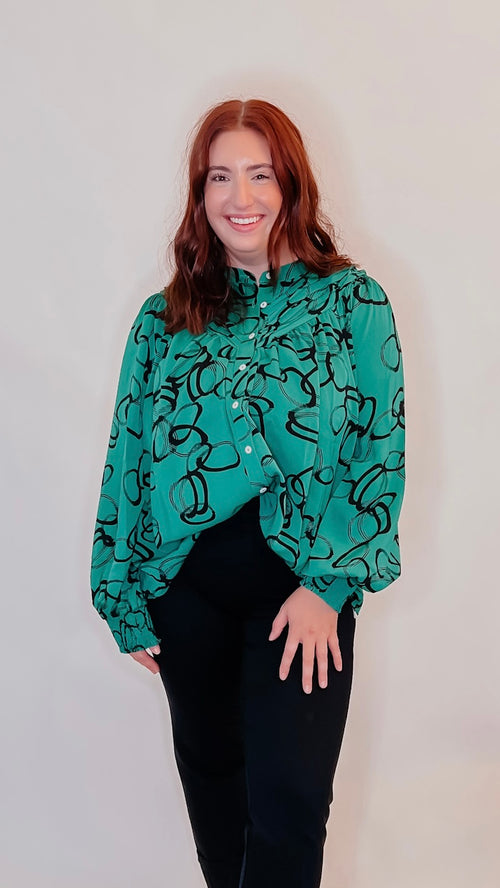 Green Print Long Sleeve Top