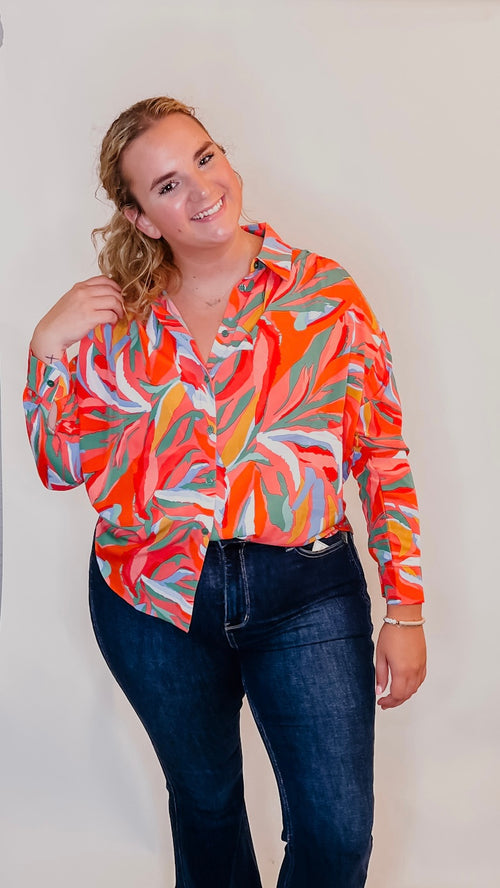 Green/Orange Abstract Button Up Top