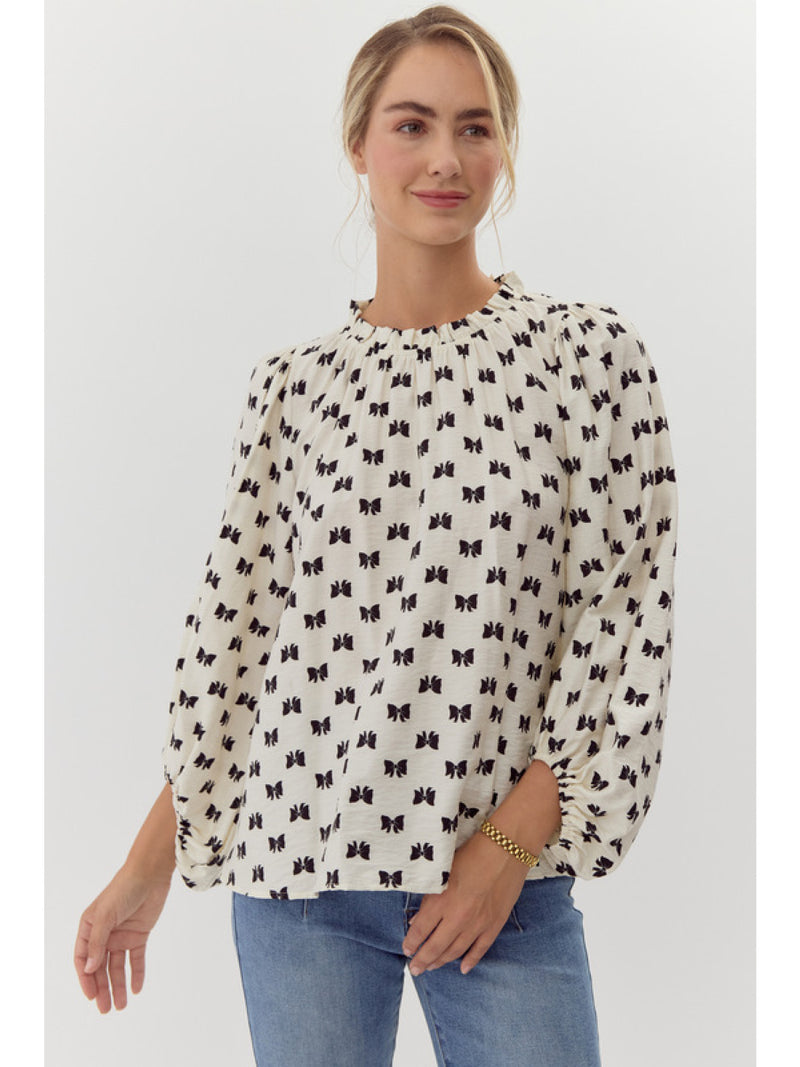 White/Black Bow Print Top