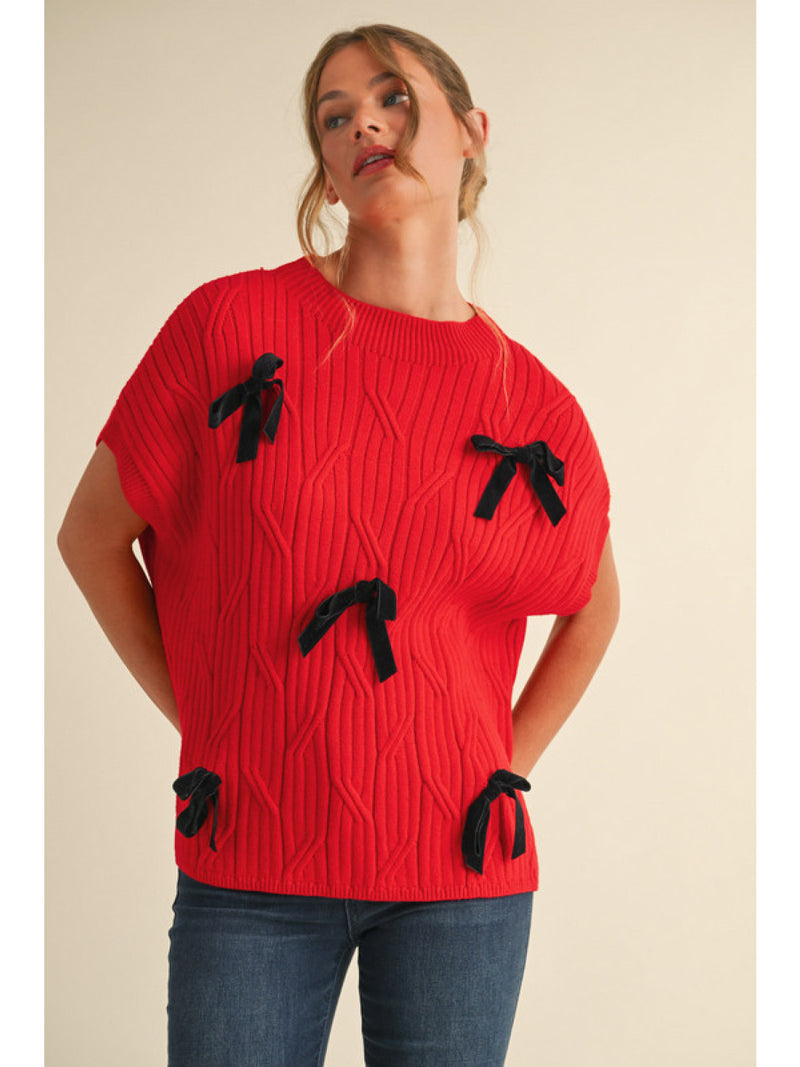 Red/Black Bow Short Sleeve Sweater