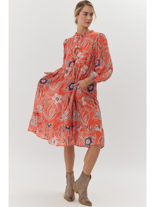 Orange Print Floral Midi Dress