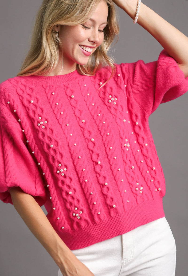 Hot Pink Cable Knit Pearl Sweater