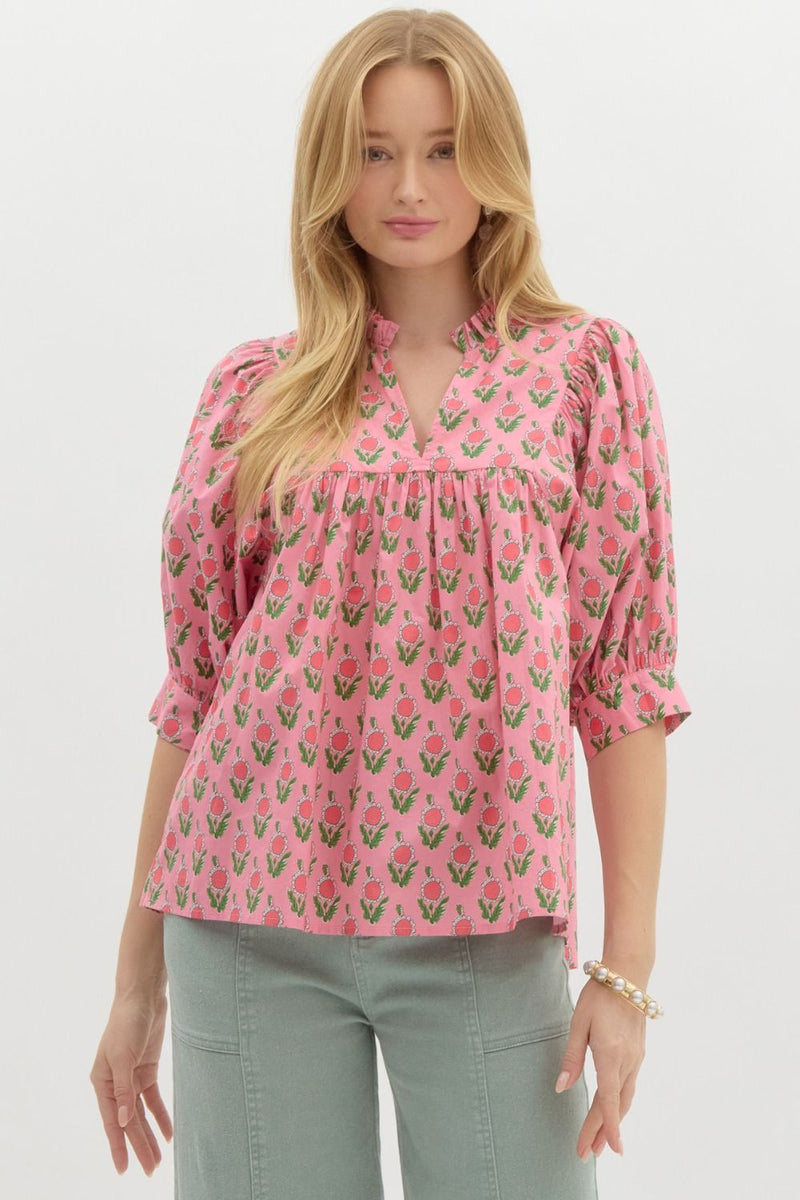Pink Floral Puff Sleeve Top