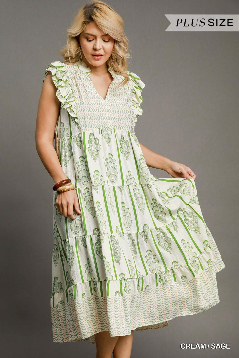 Cream/Sage Border Print Midi Dress With Ruffle Sleeves