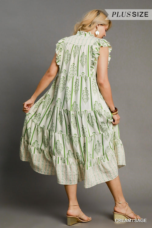 Cream/Sage Border Print Midi Dress With Ruffle Sleeves