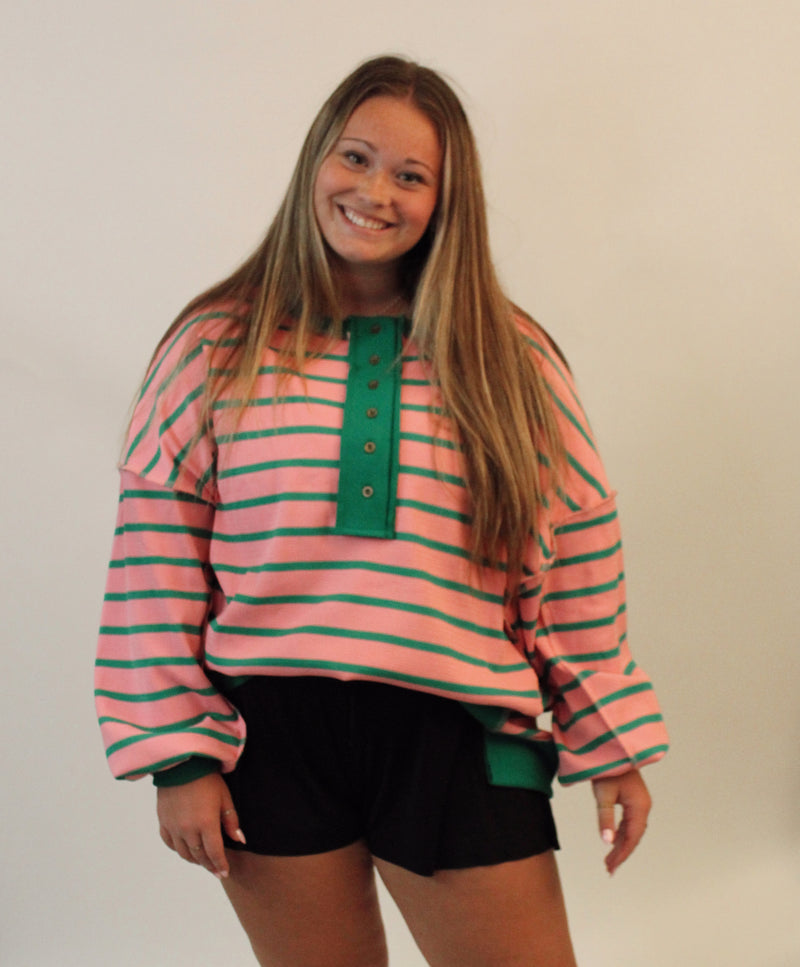 Green & Pink Striped Half Button Oversized Sweatshirt