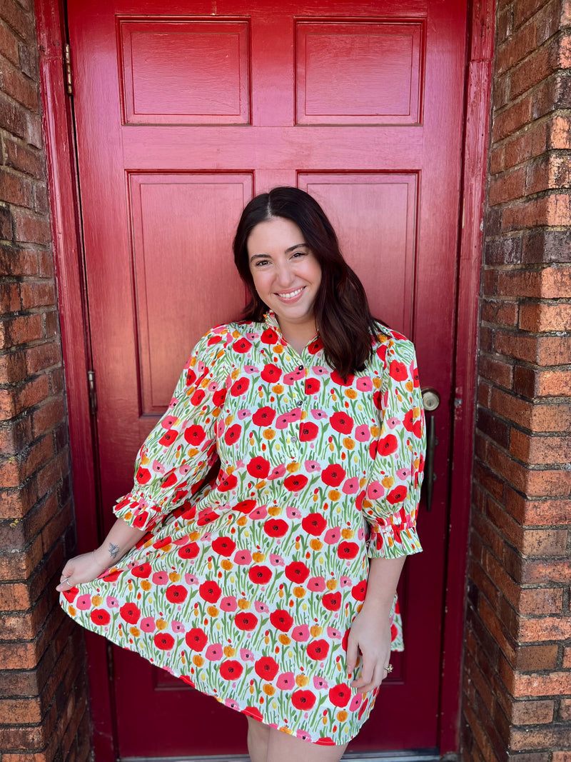 Red/Green Floral Print Dress