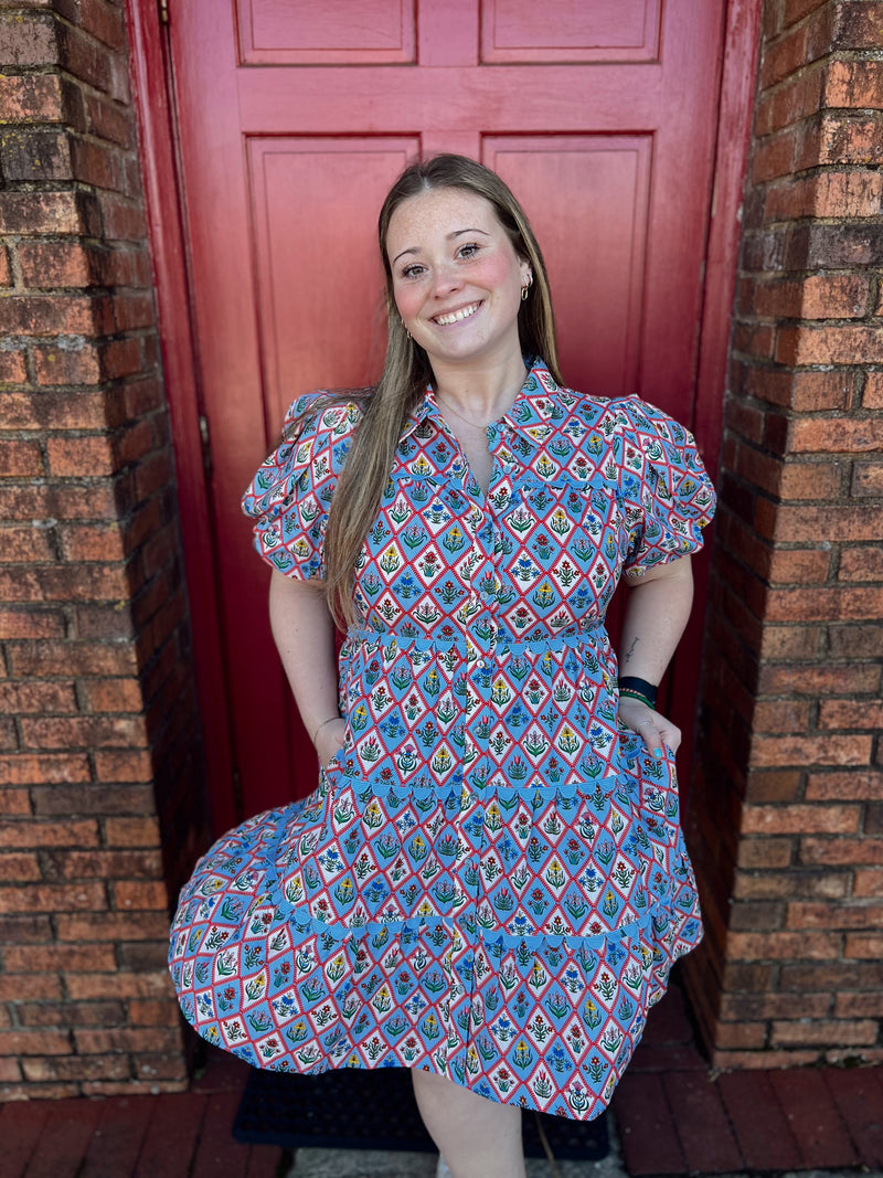 Blue Floral Pattern Mini Dress