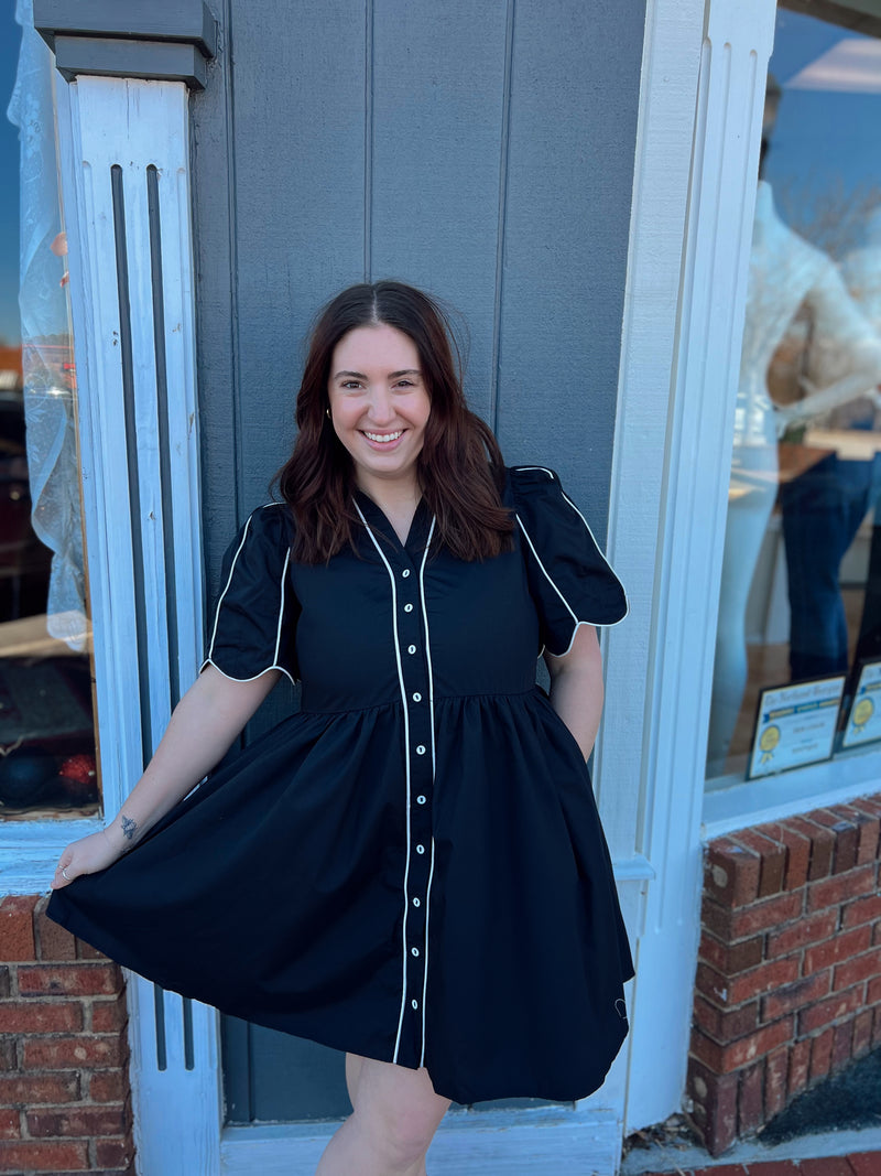 Black/White V-Neck Button Dress