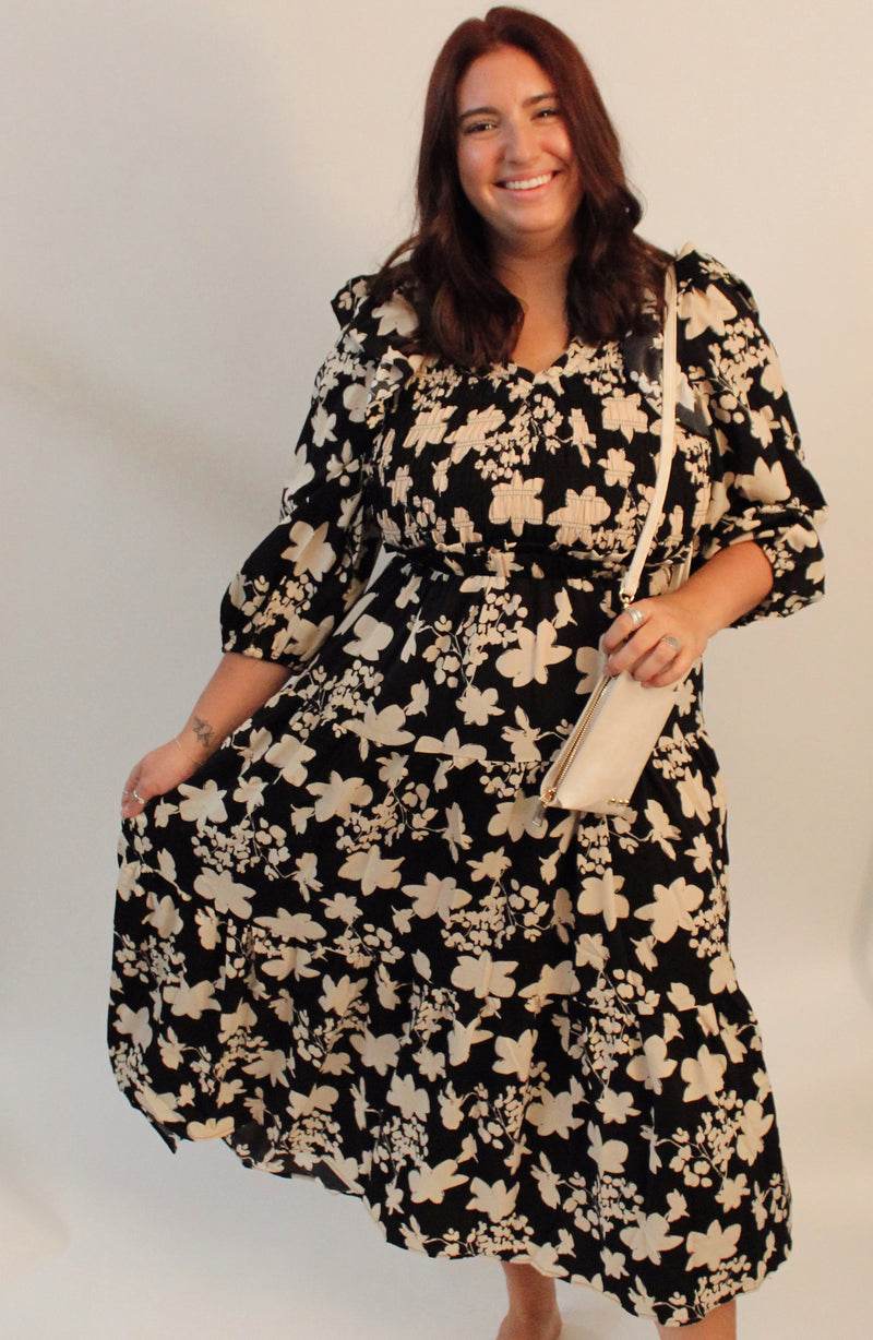 Black & Cream Floral Print 3/4 Length Sleeve Midi Dress