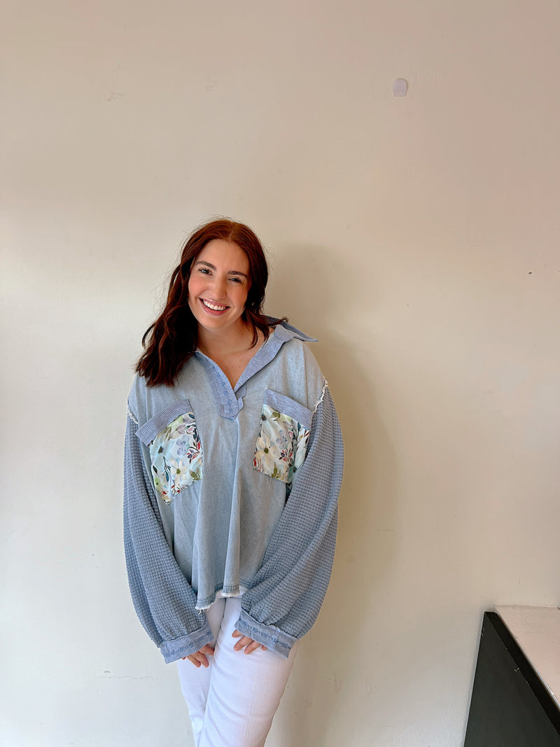 Denim Blue Double Gauze Floral Top