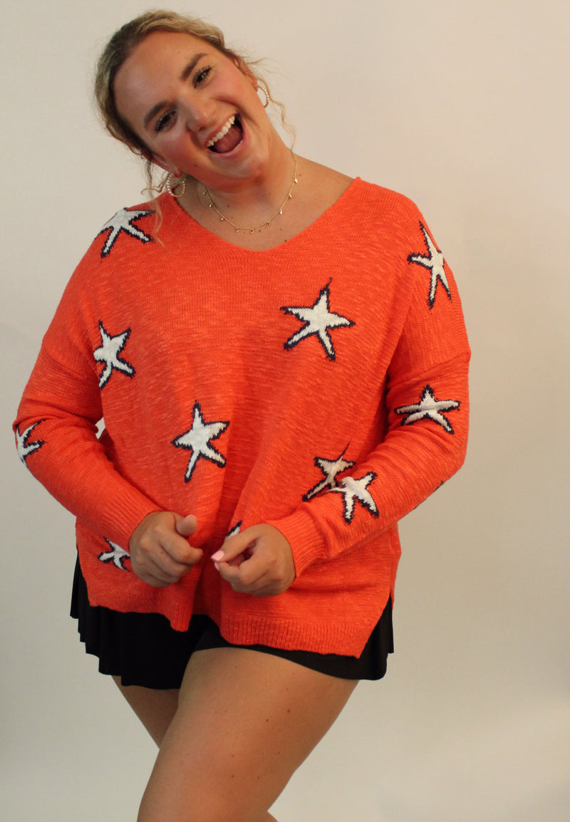 Coral & Cream Star Print Lightweight Sweater