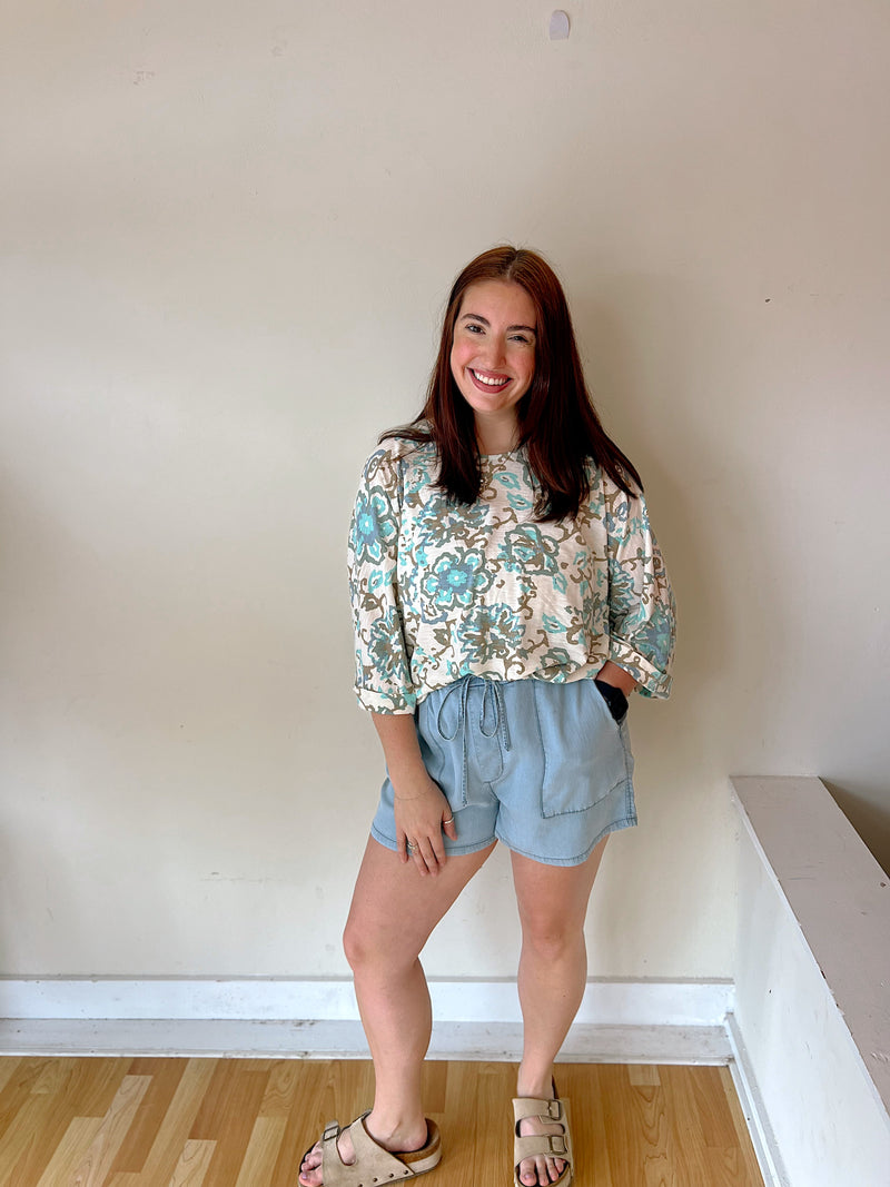 Ivory/Blue Paisley Print Tie Top